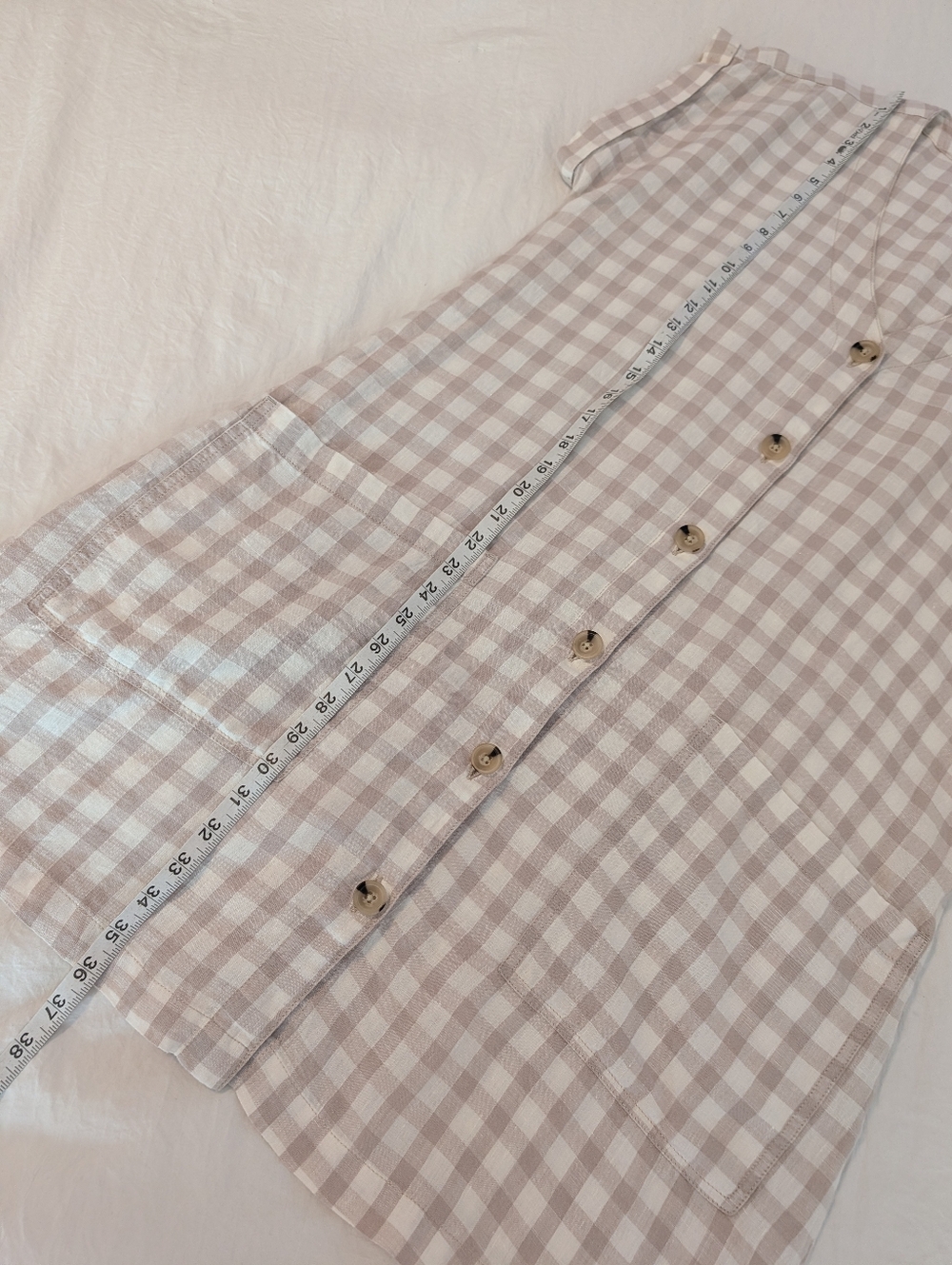 Lou & Grey Gingham Linen Shift Dress Cap Sleeves Casual Summer Cream Brown Small - Picture 8 of 13
